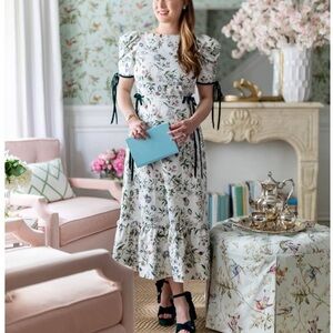 ANTONIO MELANI Nicola Bathie Jacquard White Green Floral Print Velvet Bow Dress